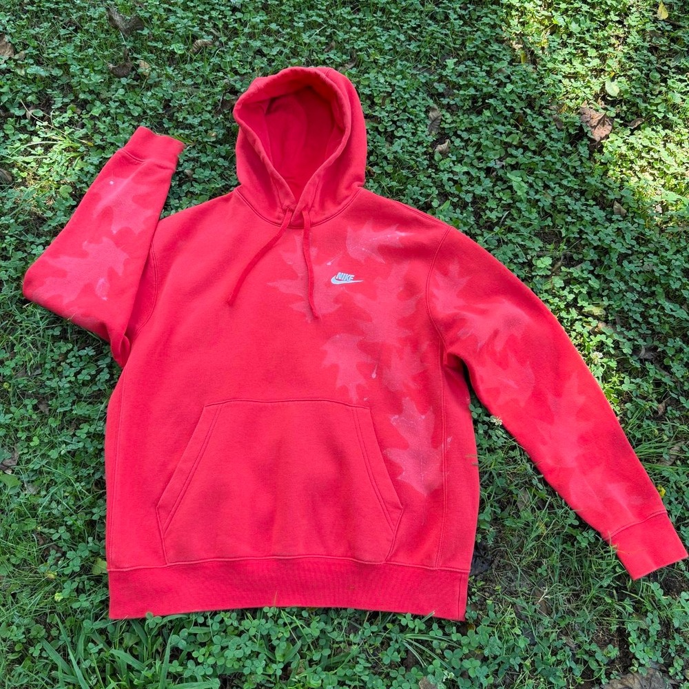 Upcycled Nike Sportswear Club Fleece Hoodie Leaf Bleach Design Red Oak Medium